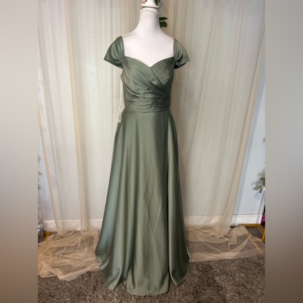 Sage Green Satin Corset Back Formal Maxi Dress Size 8 Bridesmaid pockets